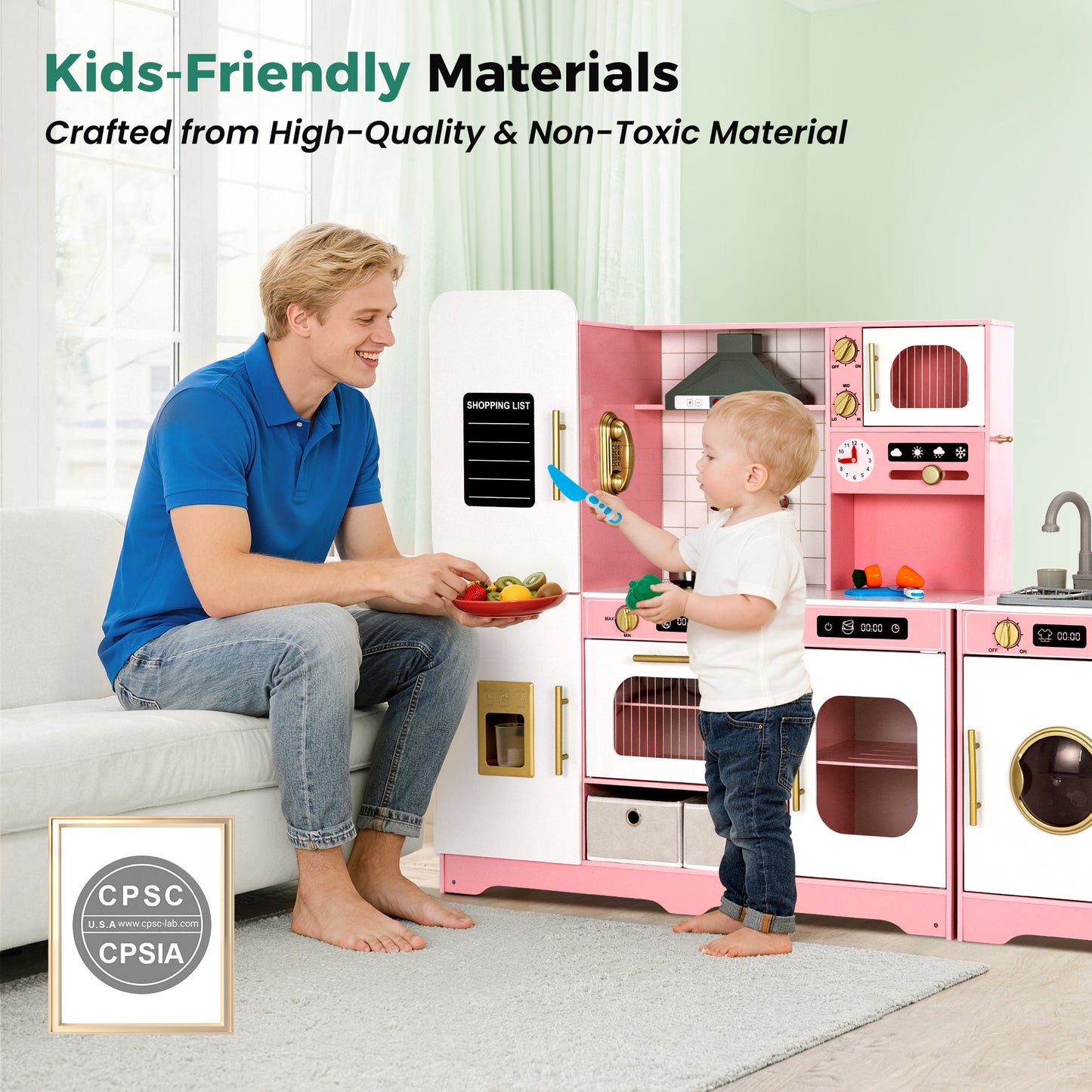 Alpha Joy Pretend Play Kitchen Large Wooden Toy Sets for Kids w/Realistic Sounds & Lights, Oven, Range Hood, Faucet, Sink, Cooking Accessories, Utensils, Pink