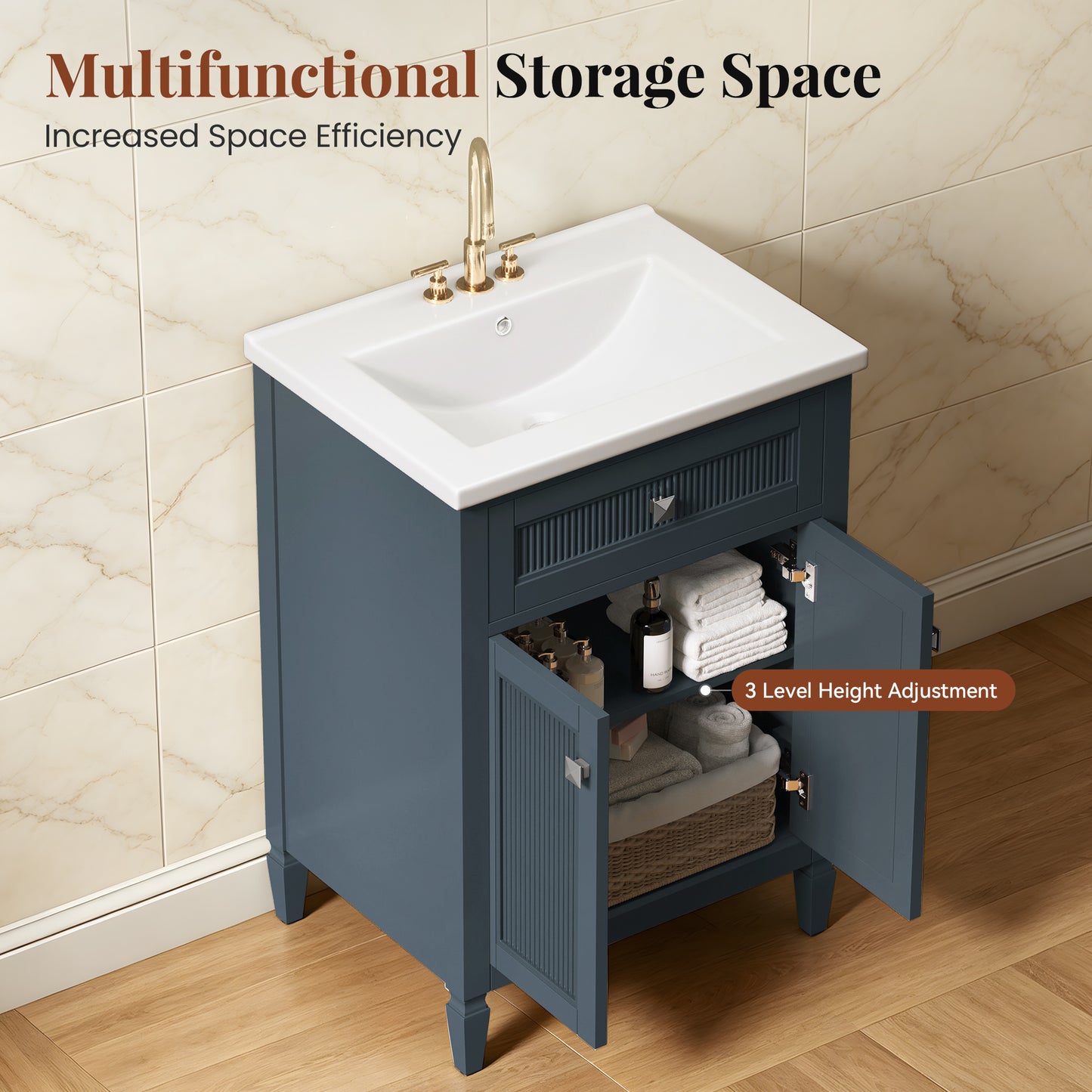 Sophia & William 24inch Bathroom Vanity with 5inch Deep Sink Freestanding Wood Bathroom Cabinet Vanity with 2 Doors & 3-Level Adjustable Shelf, Charcoal Blue