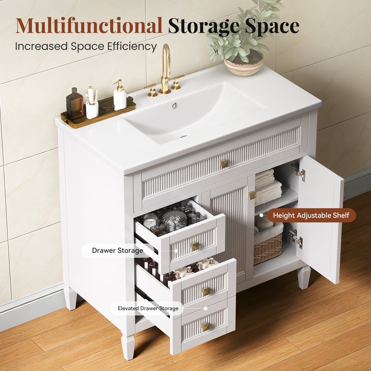 Sophia & William 36inch Bathroom Vanity with 5inch Deep Sink Freestanding Wood Bathroom Cabinet Vanity with 2 Doors & 2 Drawers & Adjustable Shelf, White