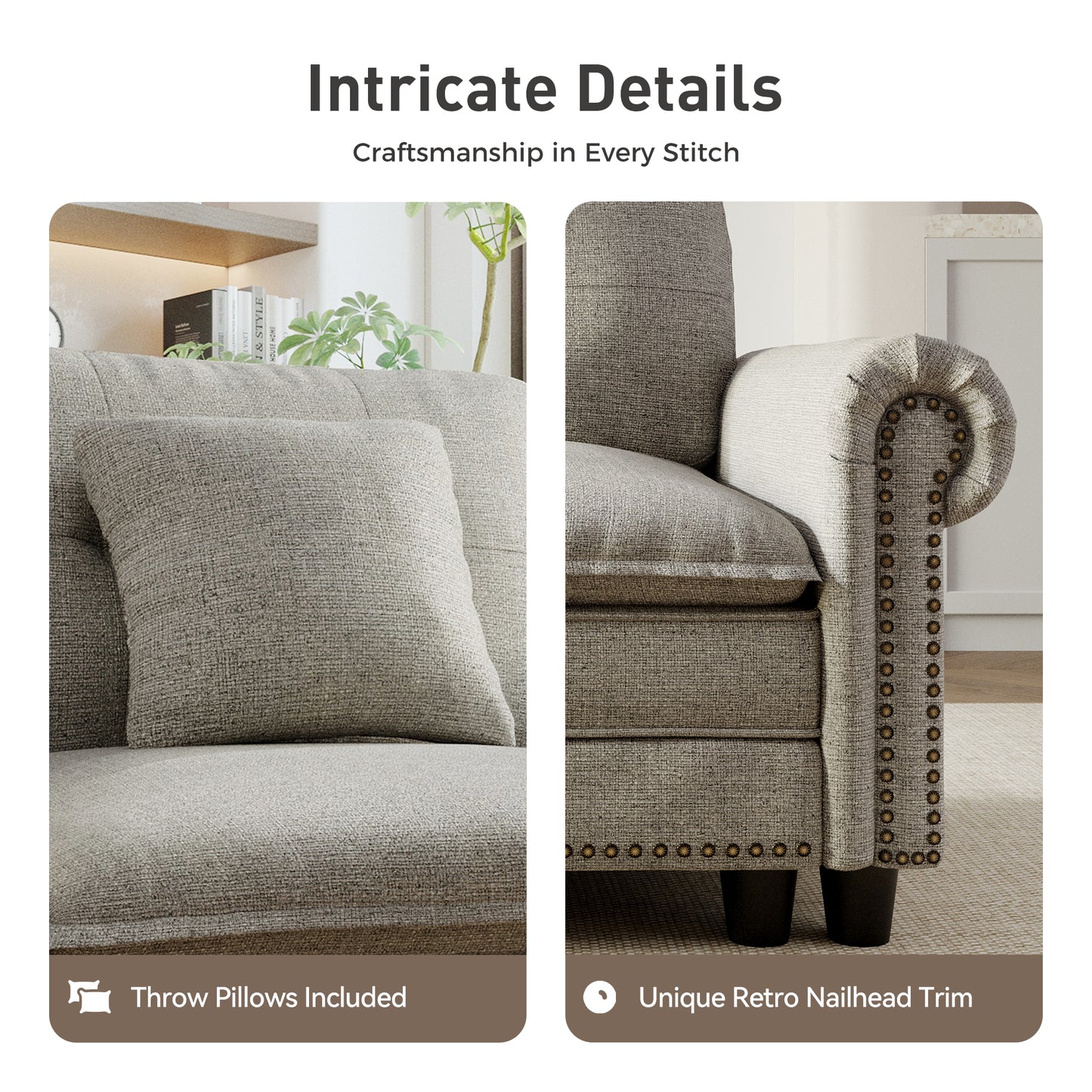 Sophia&William 3-Seat Sectional Sofa Set, Mid-Century Linen Cloud Couch Modular Sofa with Nailhead Trim, 3 Pillows for Living Room Furniture Sets, Light Gray
