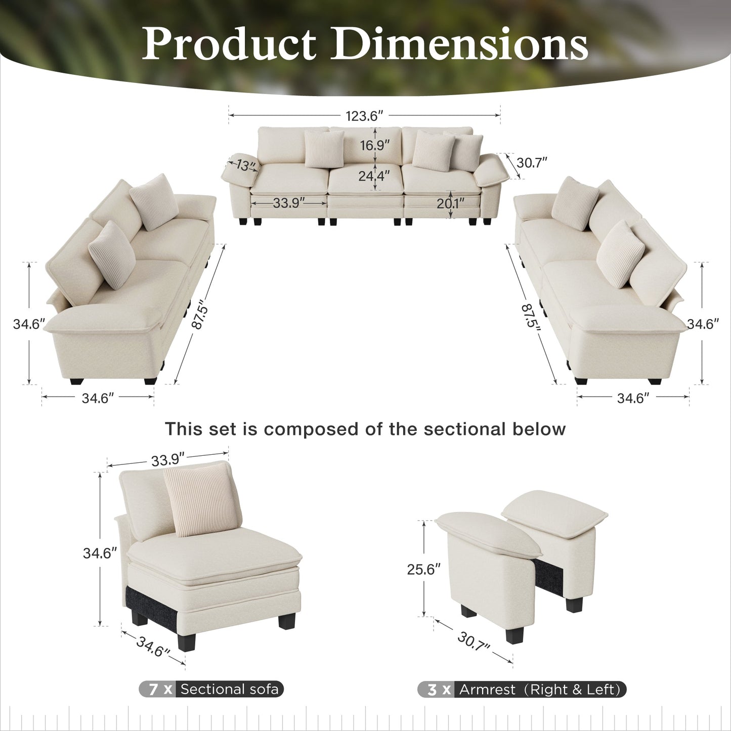 Sophia&William 123.6"L Modular Chenille Sectional Sofa Couch, 7-Seat Modern U-Shaped Cloud Couch Convertible Sofa for Living Room,White