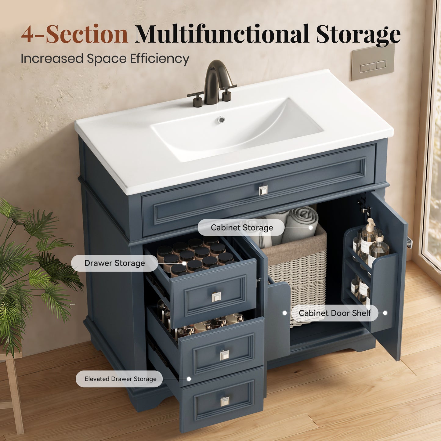 Sophia & William 36inch Bathroom Vanity with 5inch Deep Sink Freestanding Wood Bathroom Cabinet Vanity with 2 Doors with Shelf & 2 Drawers, Charcoal Blue