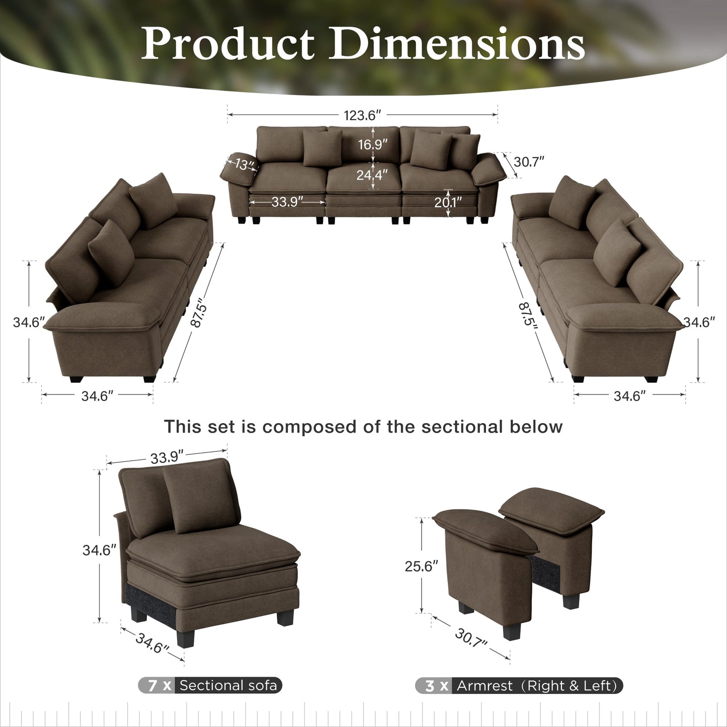 Sophia&William 123.6"L Modular Chenille Sectional Sofa Couch, 7-Seat Modern U-Shaped Cloud Couch Convertible Sofa for Living Room,Brown