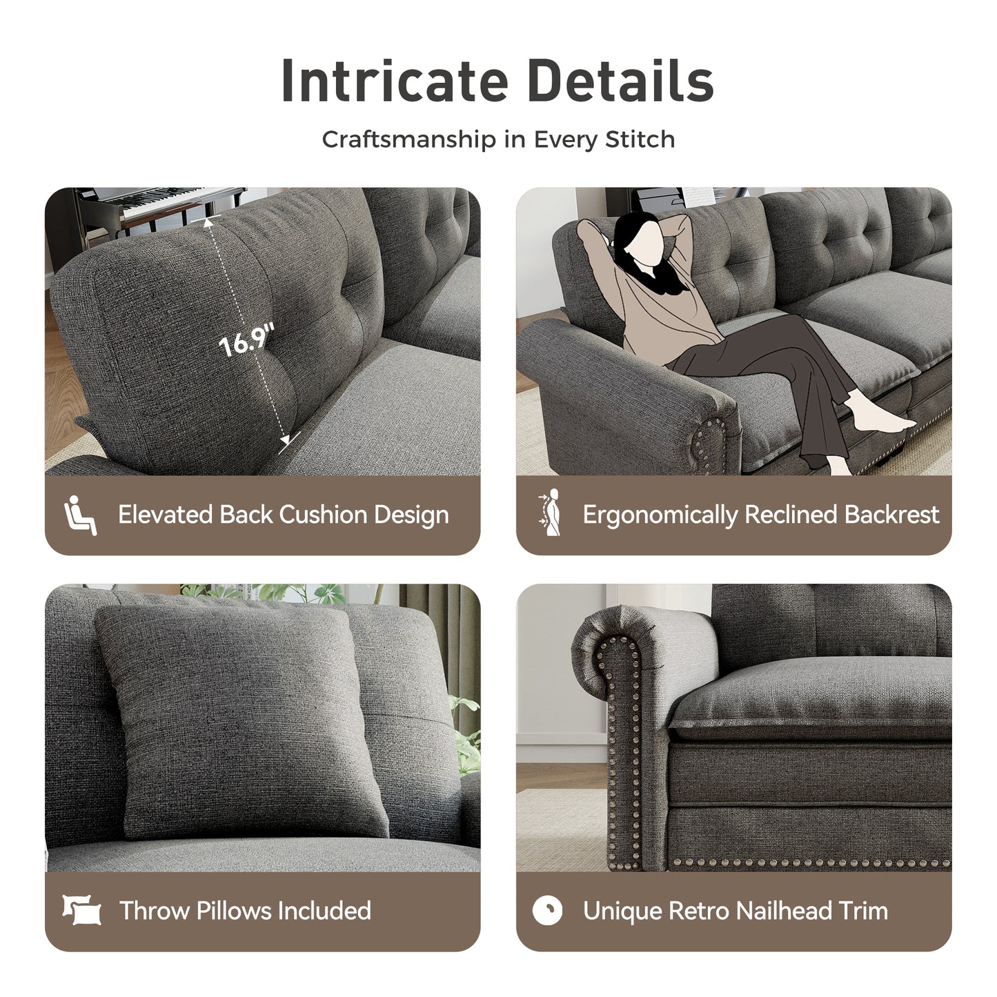 Sophia&William Modular Sectional Sofa Couch Set, U-shaped Linen Cloud Couch 6-Seat Retro Nailhead Trim Cloud Sofa Set with 4 Pillows for Living Room, Dark Gray