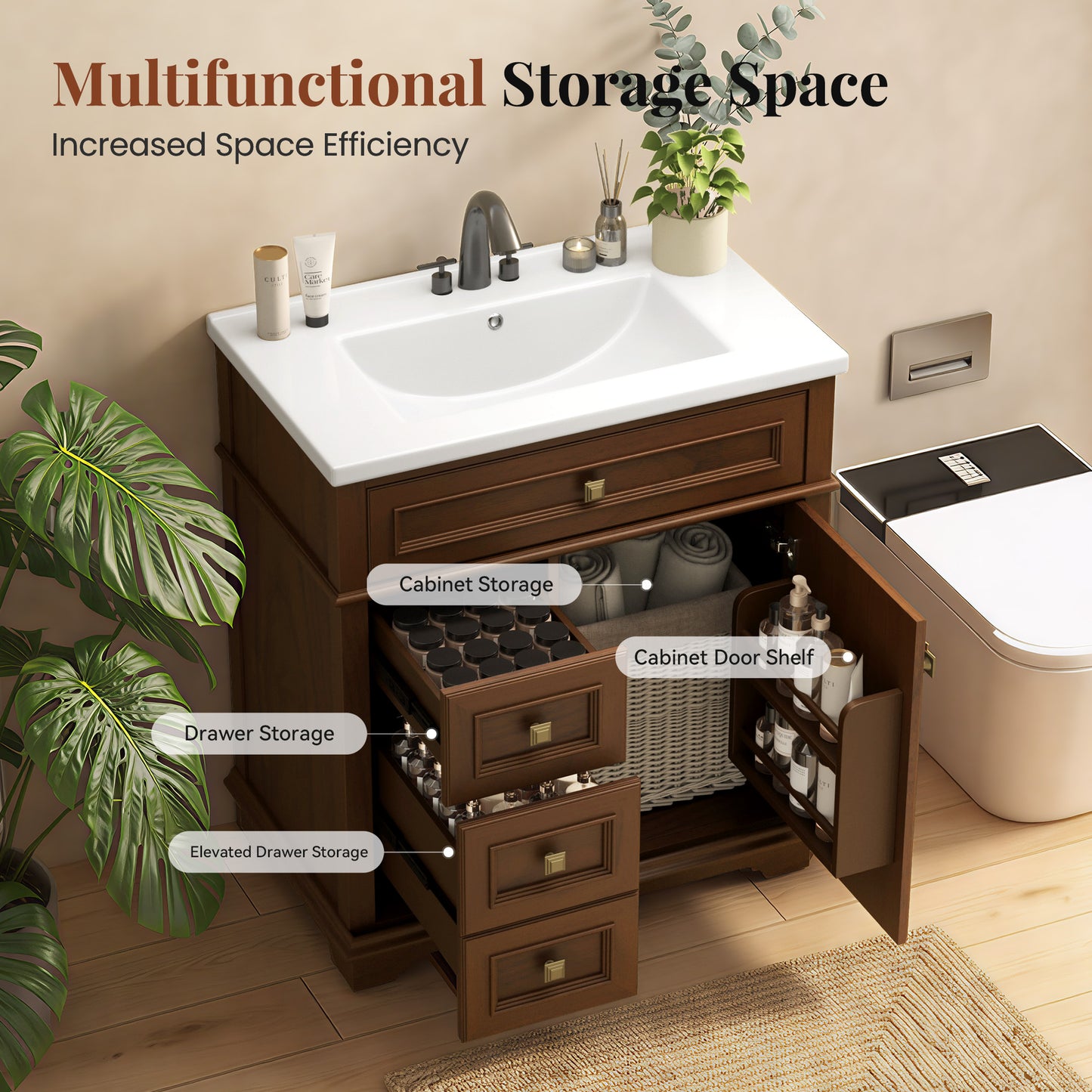 Sophia & William 30inch Bathroom Vanity with 5inch Deep Sink Freestanding Wood Bathroom Cabinet Vanity with 1 Door & 2 Drawers, Cherry Brown