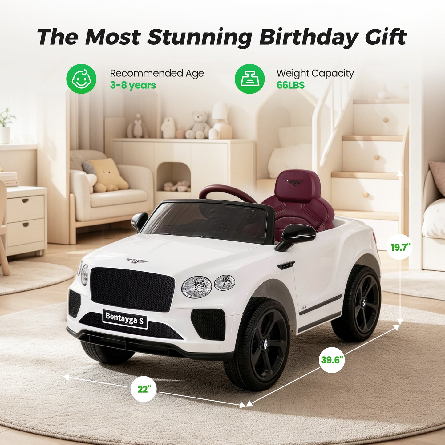 Alpha Joy 12V Kids Ride On Car Licensed Bentley Electric Vehicle with Remote Control, Soft Start, 3 Speed, LED Lights, Built-in Storage & Music, Gift for Boys Girls Ages 3-8, White
