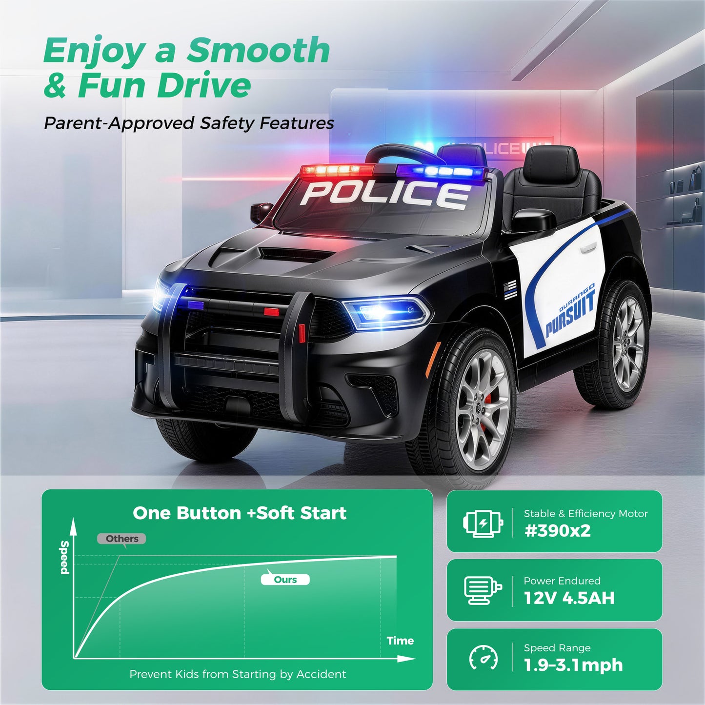 Alpha Joy 12V Kids Ride On 2-Seat Police Car with Megaphone, Remote Control, 3 Speeds, Electric Toy Car for Ages 3+, Black