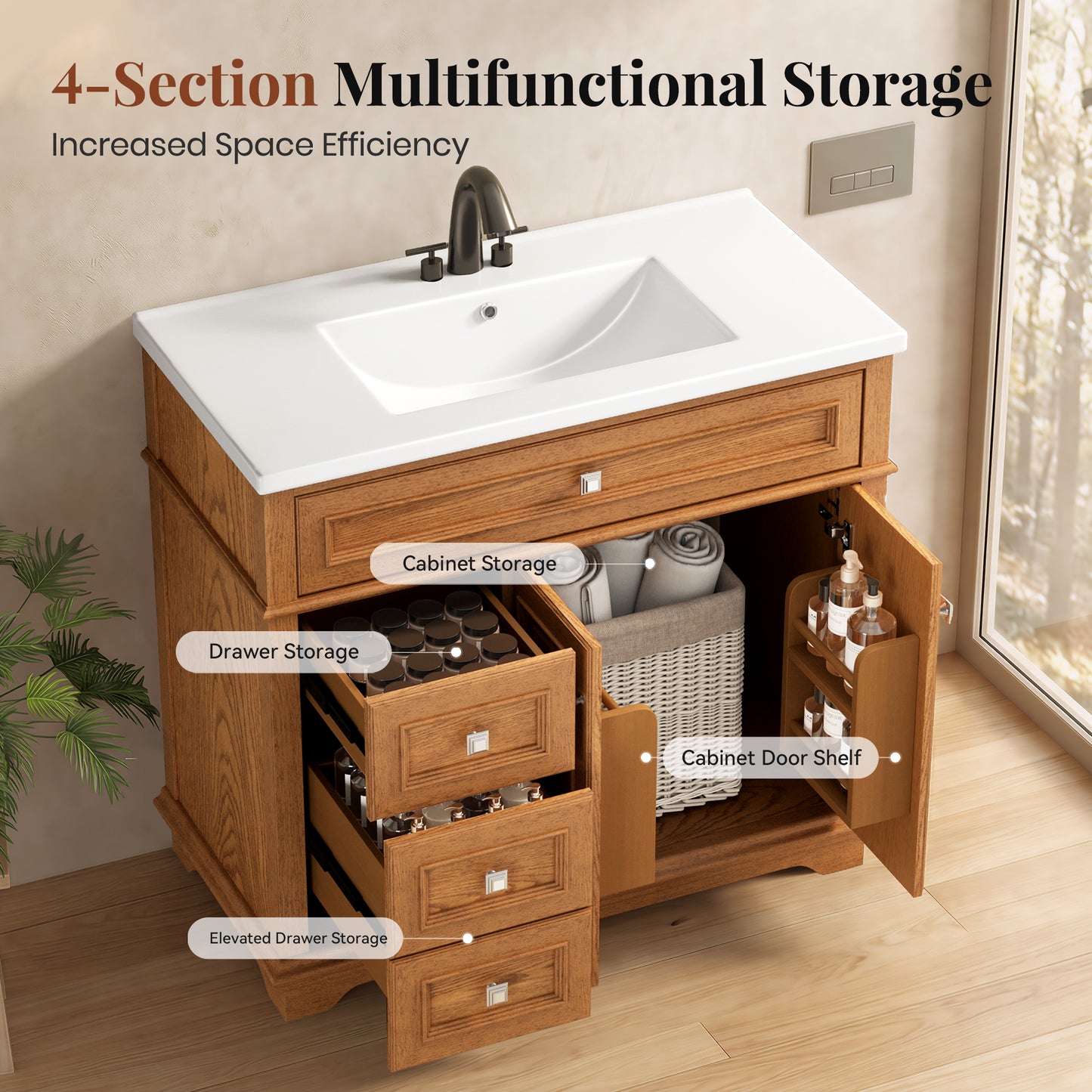 Sophia & William 36inch Bathroom Vanity with 5inch Deep Sink Freestanding Wood Bathroom Cabinet Vanity with 2 Doors with Shelf & 2 Drawers, Teak