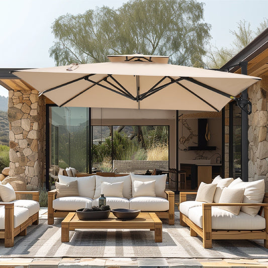 Alpha Joy 12x9ft Outdoor Patio Large Square Cantilever Double Umbrella with 360° Rotation, Beige