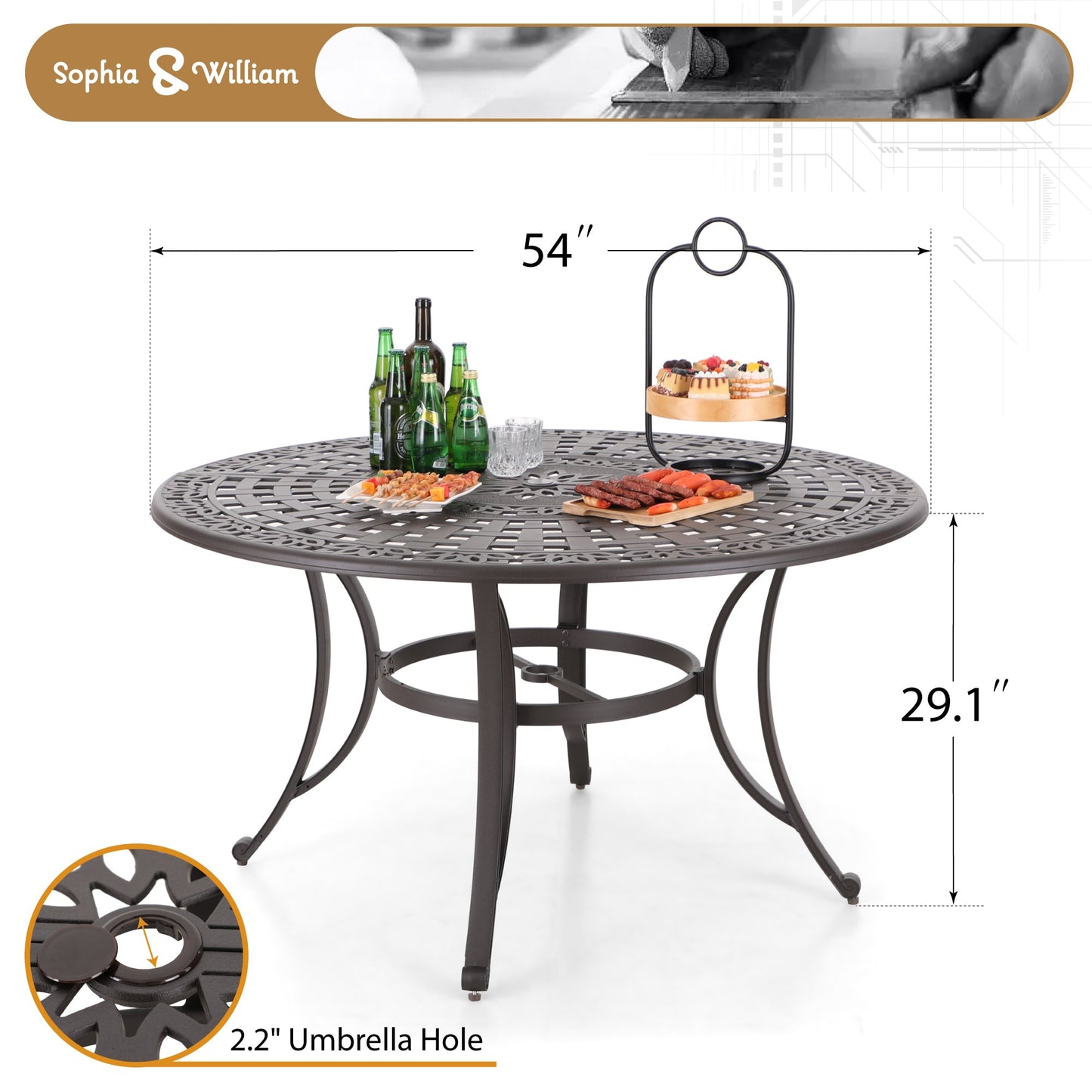 Sophia & William 7 Pieces Cast Aluminium Patio Dining Furniture Set for 6, Powder-coating Outdoor Swivel Rocking Dining Chairs and Round Table with 2.2" Umbrella Hole for Porch Backyard Deck, Bronze