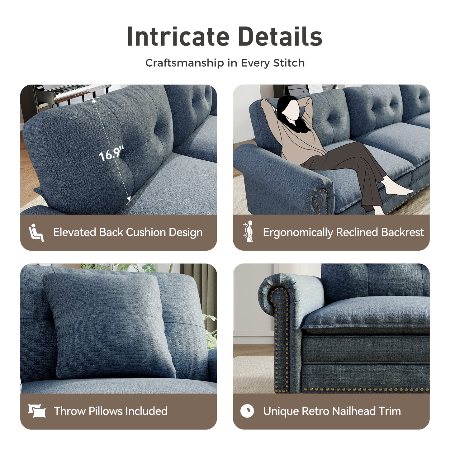 Sophia&William Modular Sectional Sofa Couch Set, U-shaped Linen Cloud Couch 6-Seat Retro Nailhead Trim Cloud Sofa Set with 4 Pillows for Living Room, Cyan