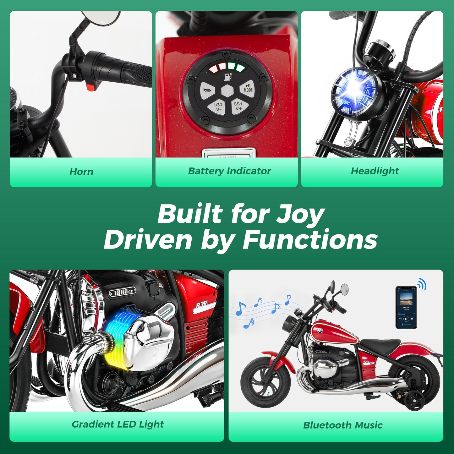 Alpha Joy BMW Licensed Electric Motorcycle 24V Battery Powered Electric Vehicle Car for Kids 200W 13 MPH Ride on Car with All-Terrain Tires, Removable Training Wheels for Boys Girls Age 8-12, Red