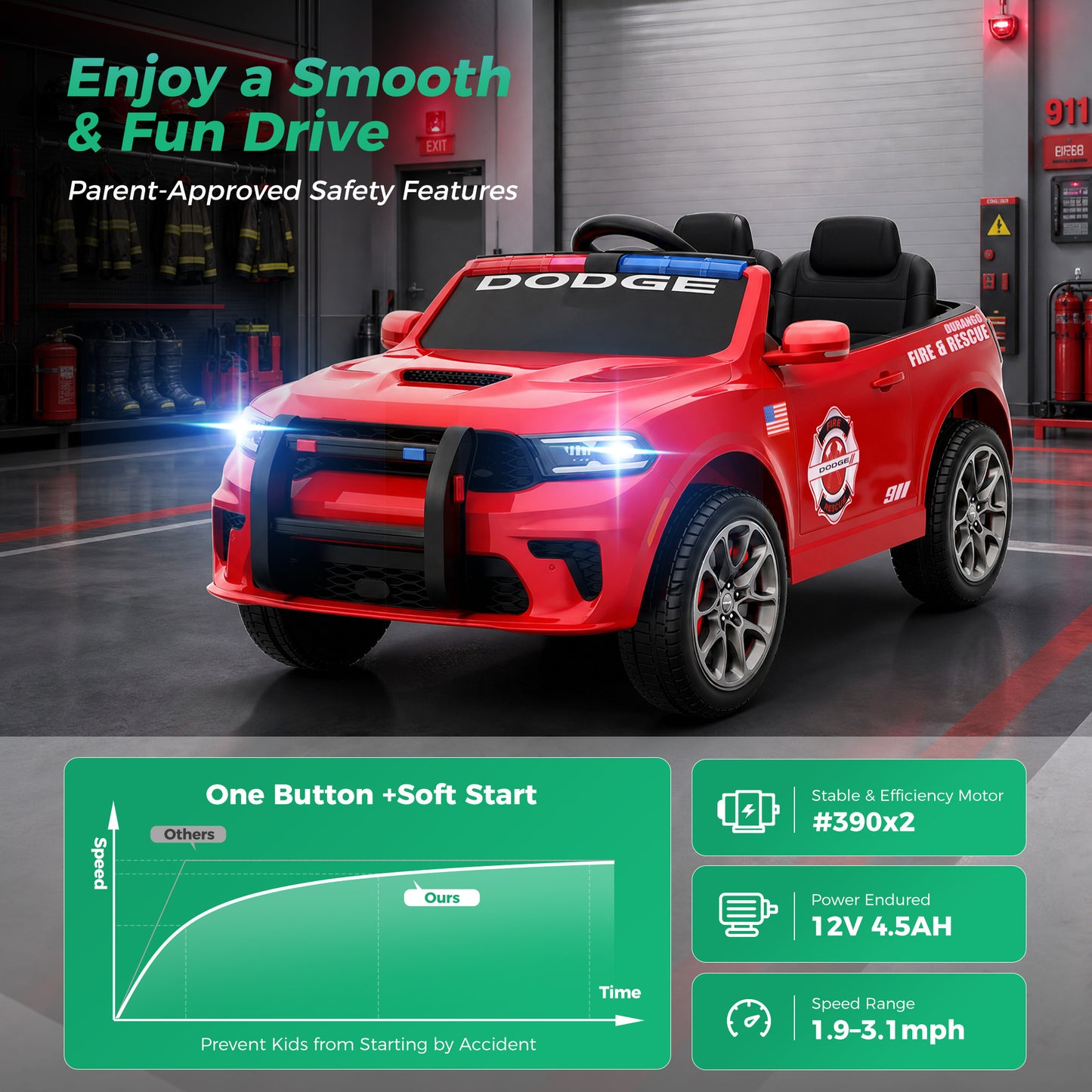 Alpha Joy 12V Kids Ride On 2-Seat Fire Truck with Megaphone, Remote Control, 3 Speeds, Electric Toy Car for Ages 3+, Red