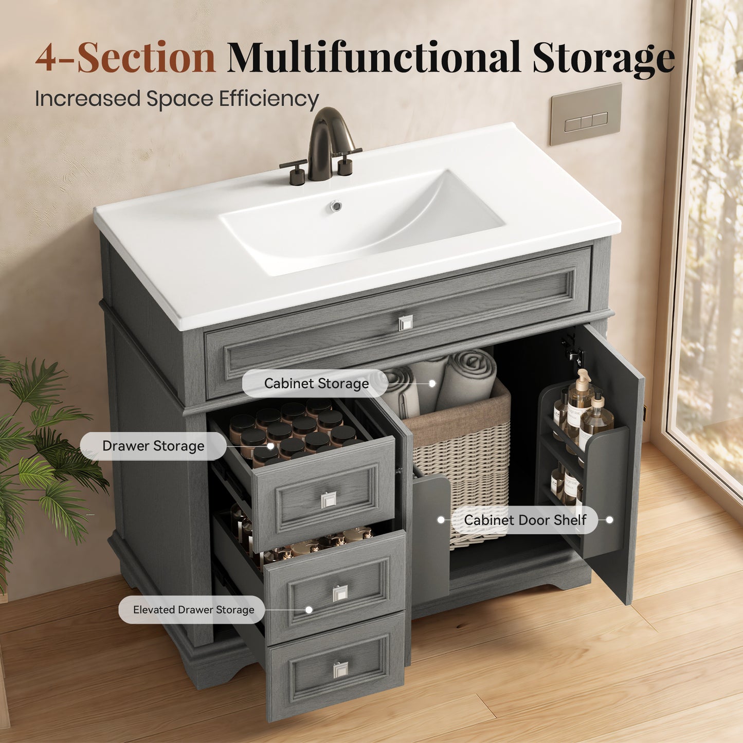 Sophia & William 36inch Bathroom Vanity with 5inch Deep Sink Freestanding Wood Bathroom Cabinet Vanity with 2 Doors with Shelf & 2 Drawers, Grey