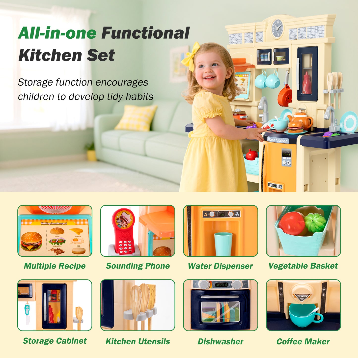 Sophia & William 87Pcs Pretend Play Kitchen 38.59Inch Toy Sets for Kids w/Realistic Sounds & Lights, Microwave Oven, Range Hood, Faucet, Cooking Stove, Sink, Navy Blue