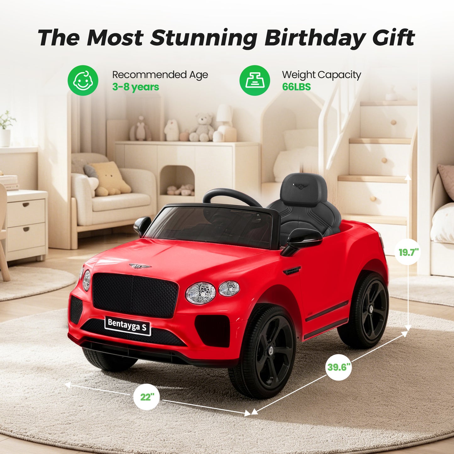Alpha Joy 12V Kids Ride On Car Licensed Bentley Electric Vehicle with Remote Control, Soft Start, 3 Speed, LED Lights, Built-in Storage & Music, Gift for Boys Girls Ages 3-8, Red