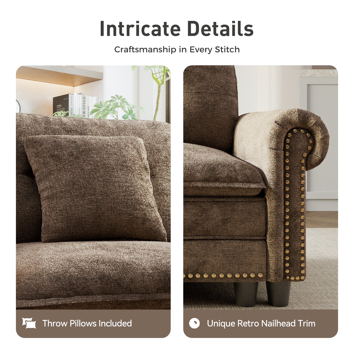 Sophia&William 2-Seat Modular Sectional Sofa Set, Mid-Century Chenille Cloud Couch Oversized Sofa with Retro Nailhead Trim and 2 Throw Pillows for Living Room, Taupe