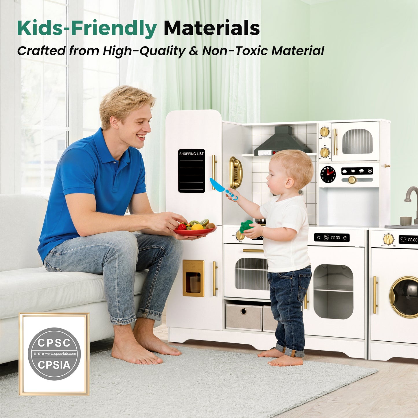 Alpha Joy Pretend Play Kitchen Large Wooden Toy Sets for Kids w/Realistic Sounds & Lights, Oven, Range Hood, Faucet, Sink, Cooking Accessories, Utensils, White