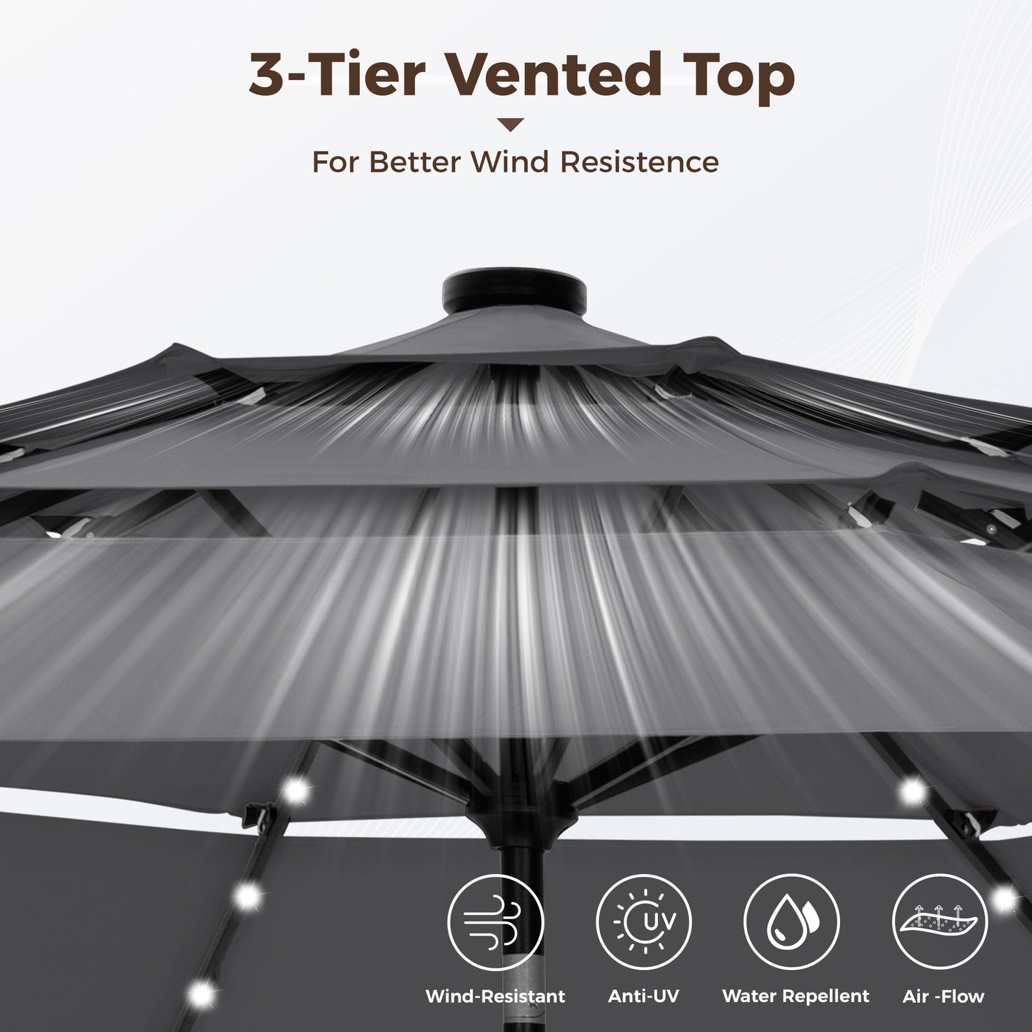 Alpha Joy 10ft 3 Tier Auto-tilt Outdoor Patio Umbrella Beach Garden Double Vented Table Umbrella with Solar Lights, Smoky Gray