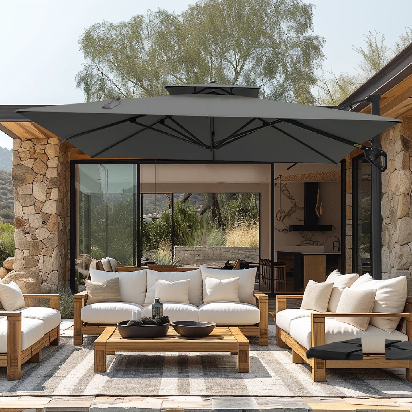 Alpha Joy 10x10ft Outdoor Patio Large Square Cantilever Double Umbrella with 360° Rotation, Grey