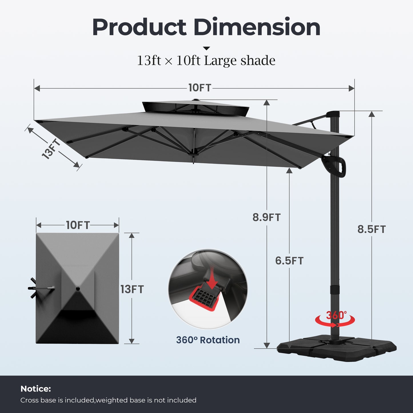 Alpha Joy 13x10ft Gray Offset Cantilever Patio Umbrella with 360¡ã Rotation for Outdoor Use