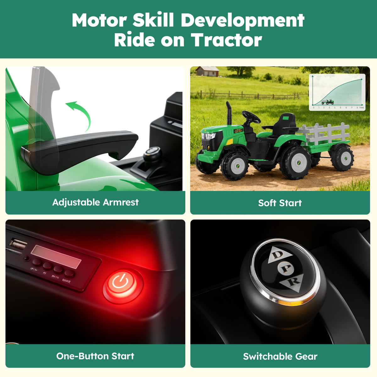 Alpha Joy 24V Powered Ride on Tractor with Detachable Trailer Electric Toy Car with Remote Control, Tippable Trailer, USB, Headlight, Bluetooth, 3 Speed Adjustable for Kids 3+, Green