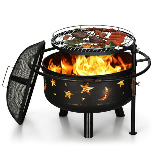 Alpha Joy 30" 2 in 1 Wood Burning Fire Pit for Camping Picnic Bonfire with with Cover, Poker, BBQ Net - Black