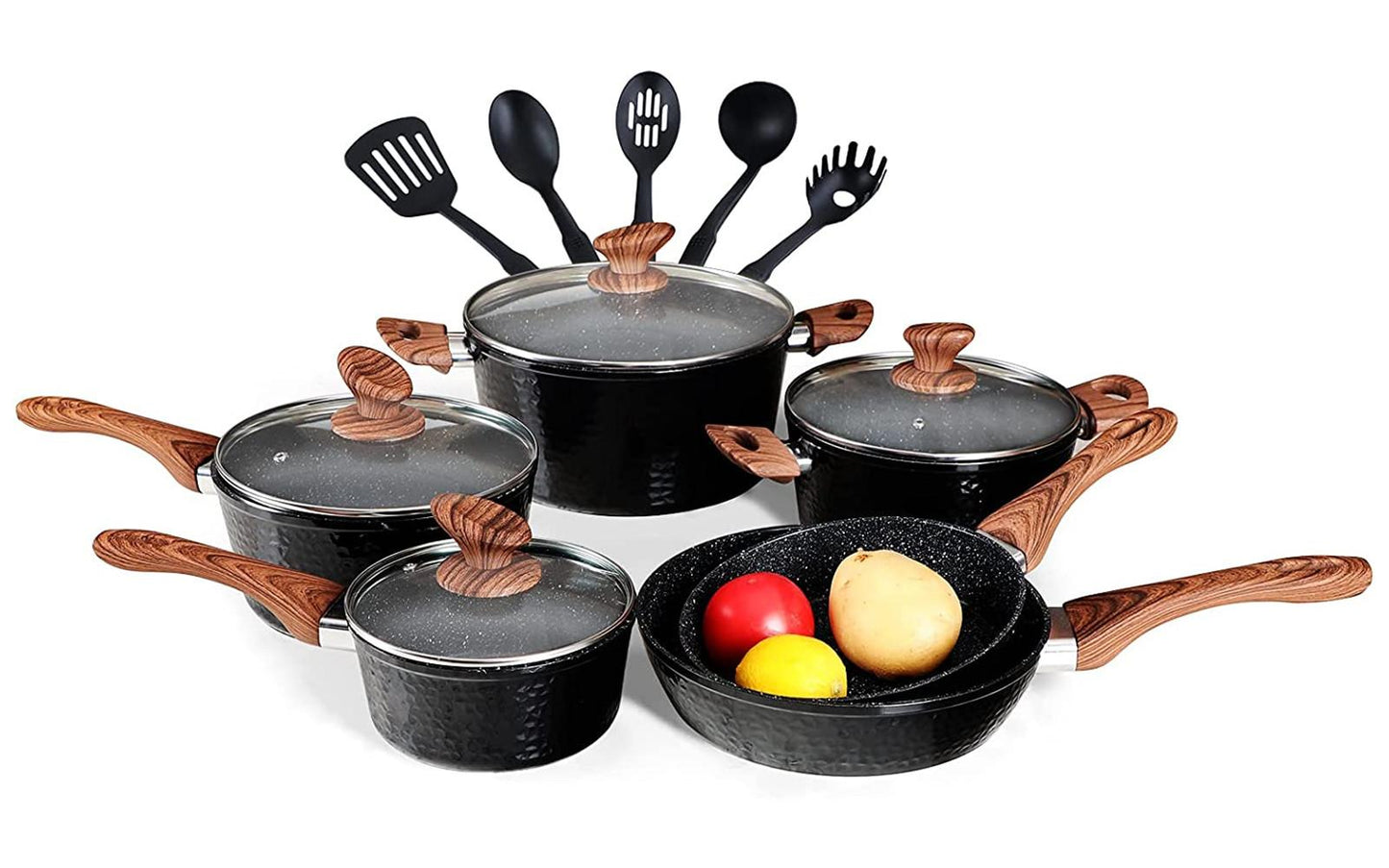 Sophia & William 15 Pieces Kitchen Nonstick Granite-Coated Cookware Set - Black