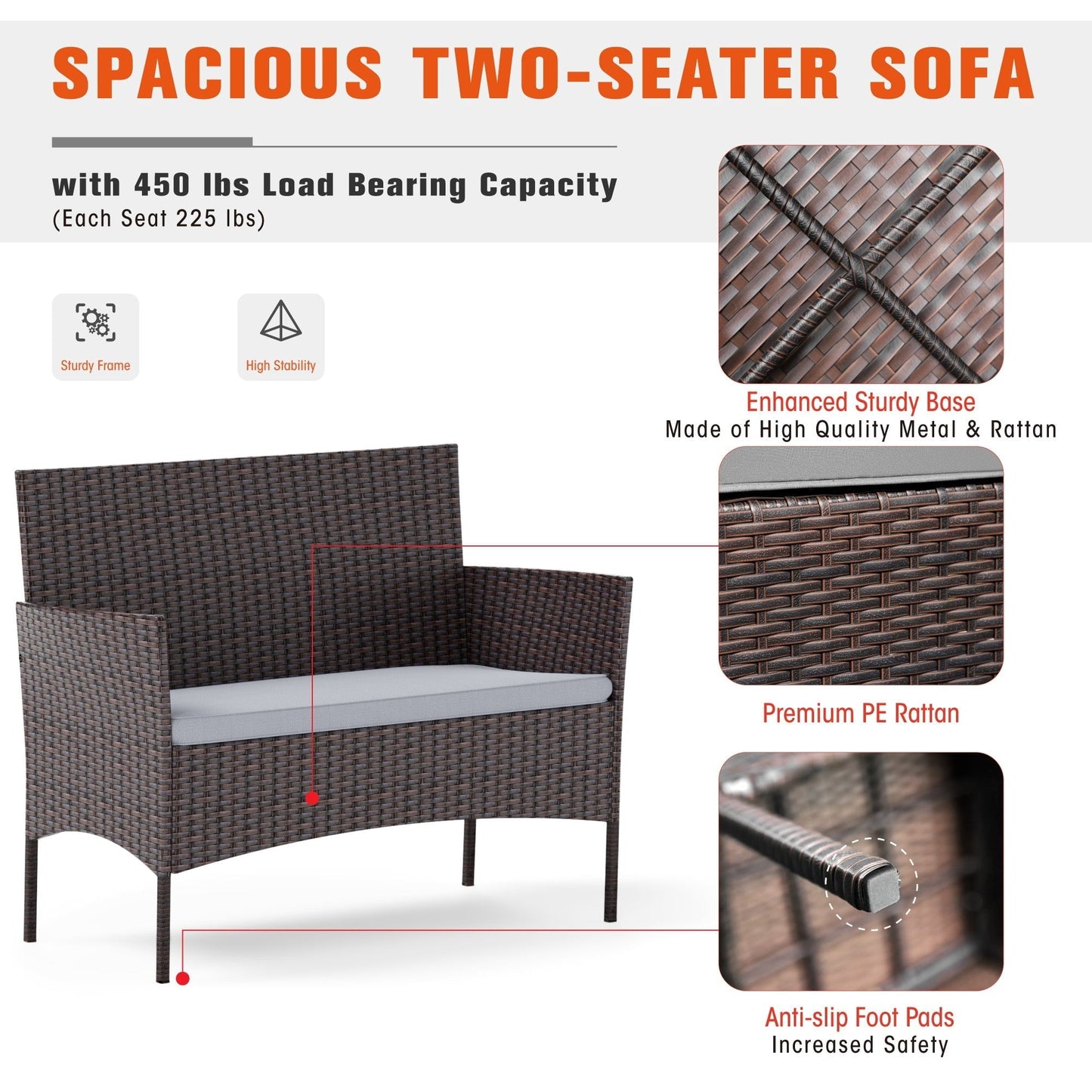 Sophia & William 4 Piece Wicker Outdoor Patio Conversation Set, Light Grey