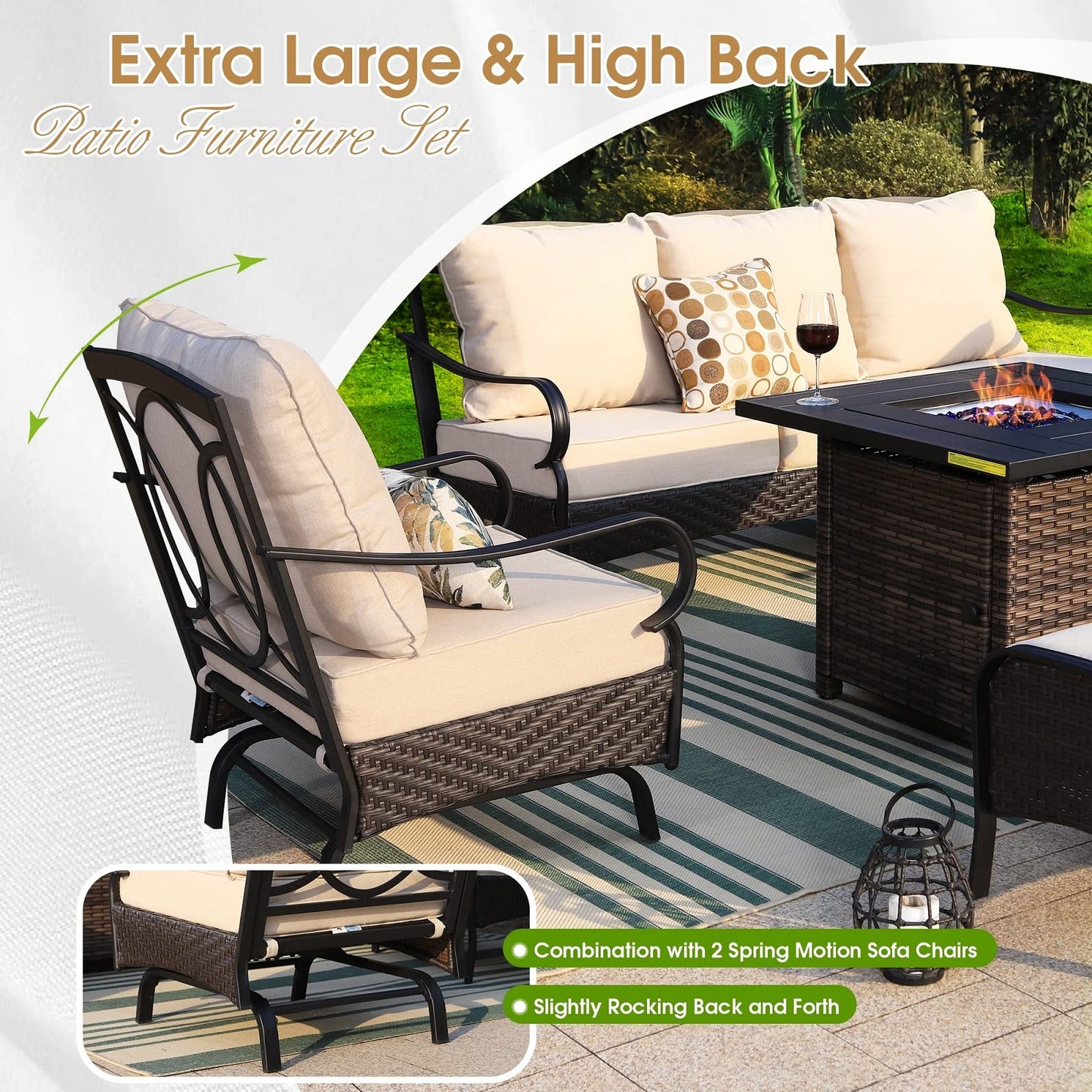 Sophia & William Extra Large Patio Conversation Sets 8 Piece Metal Modern Outdoor Patio Furniture Set 11 Seats with High Back 3-Seat Sofa & 2-Seat Sofa, 2 Motion Sofa Chairs & 2 Ottoman(Beige)