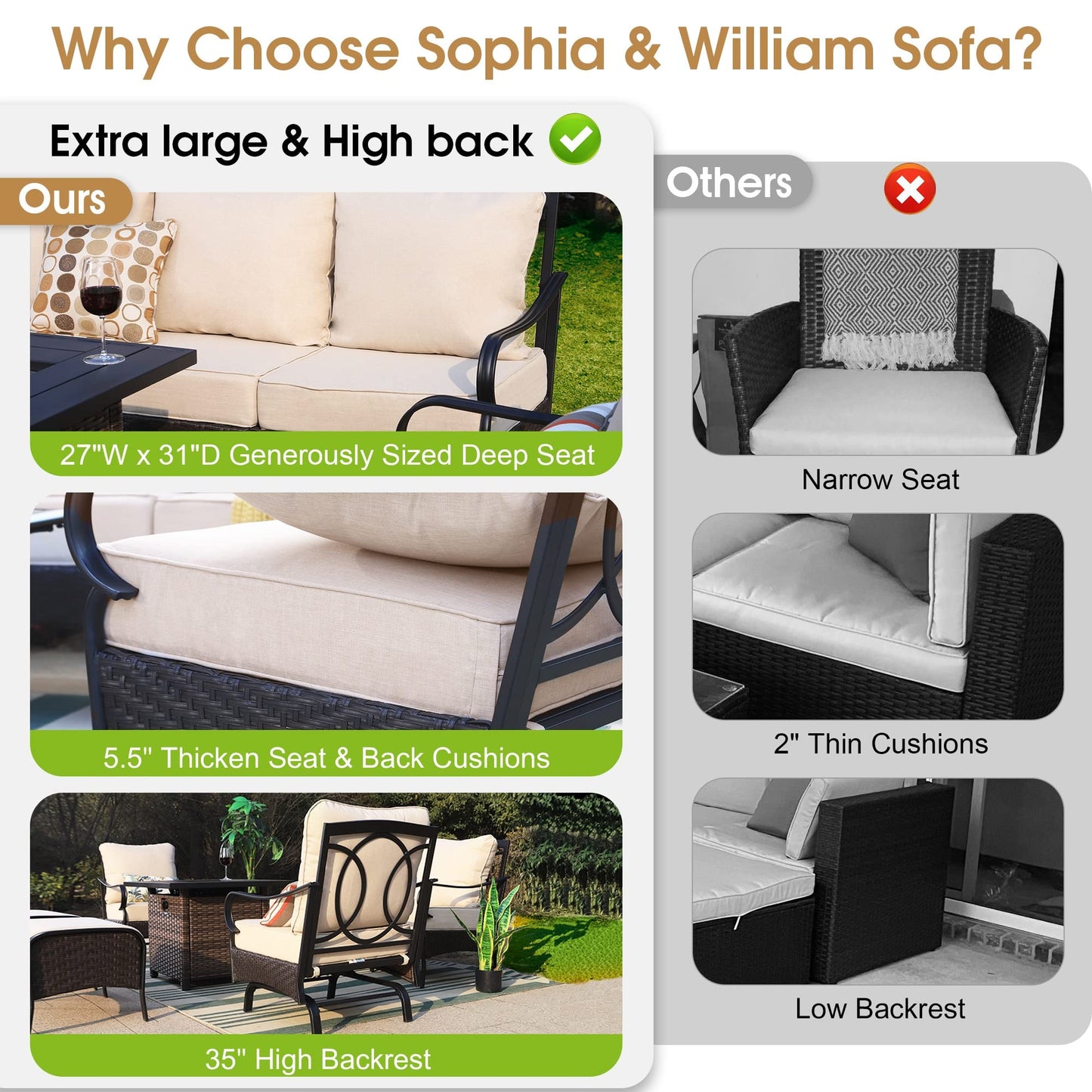 Sophia & William Extra Large Patio Conversation Sets 8 Piece Metal Modern Outdoor Patio Furniture Set 11 Seats with High Back 3-Seat Sofa & 2-Seat Sofa, 2 Motion Sofa Chairs & 2 Ottoman(Beige)