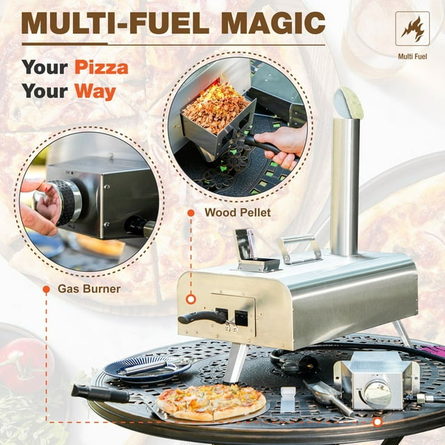 Kitchen Academy Outdoor Pizza Oven Wood Fired & Gas Oven with 12" Rotatable Pizza Stone