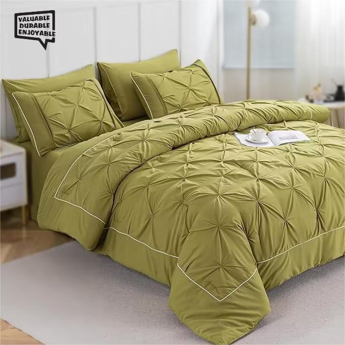 VALUABLE DURABLE ENJOYABLE Queen Size Comforter Set, 8 Pieces Pinch Pleat Bedding Set, All-Season Pintuck Comforter with Insertion Strip, Bluish Yellow