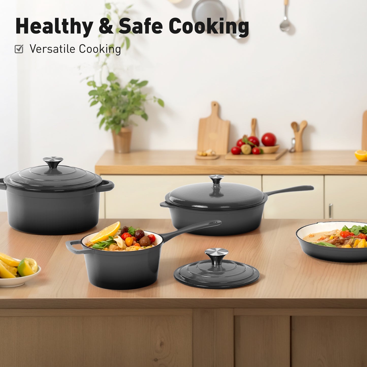 Sophia & William 7 Pieces Enameled Cast Iron Nonstick Cookware Set, Grey Blue