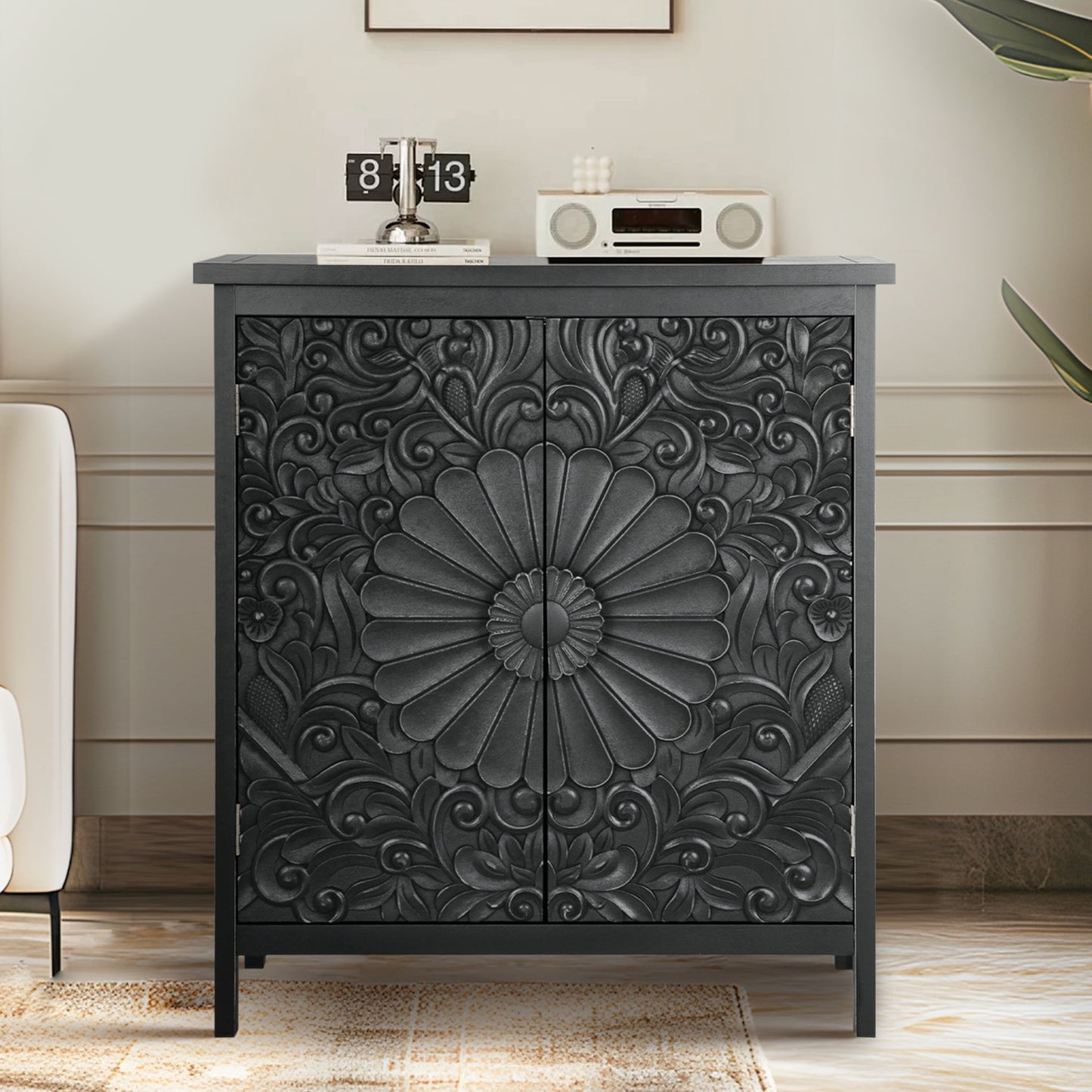 Alpha Joy Accent Cabinet with 2 Doors, Wood Entryway Cabinet with Flower Pattern in Wood Frame for Living Room, Dining Room, Black