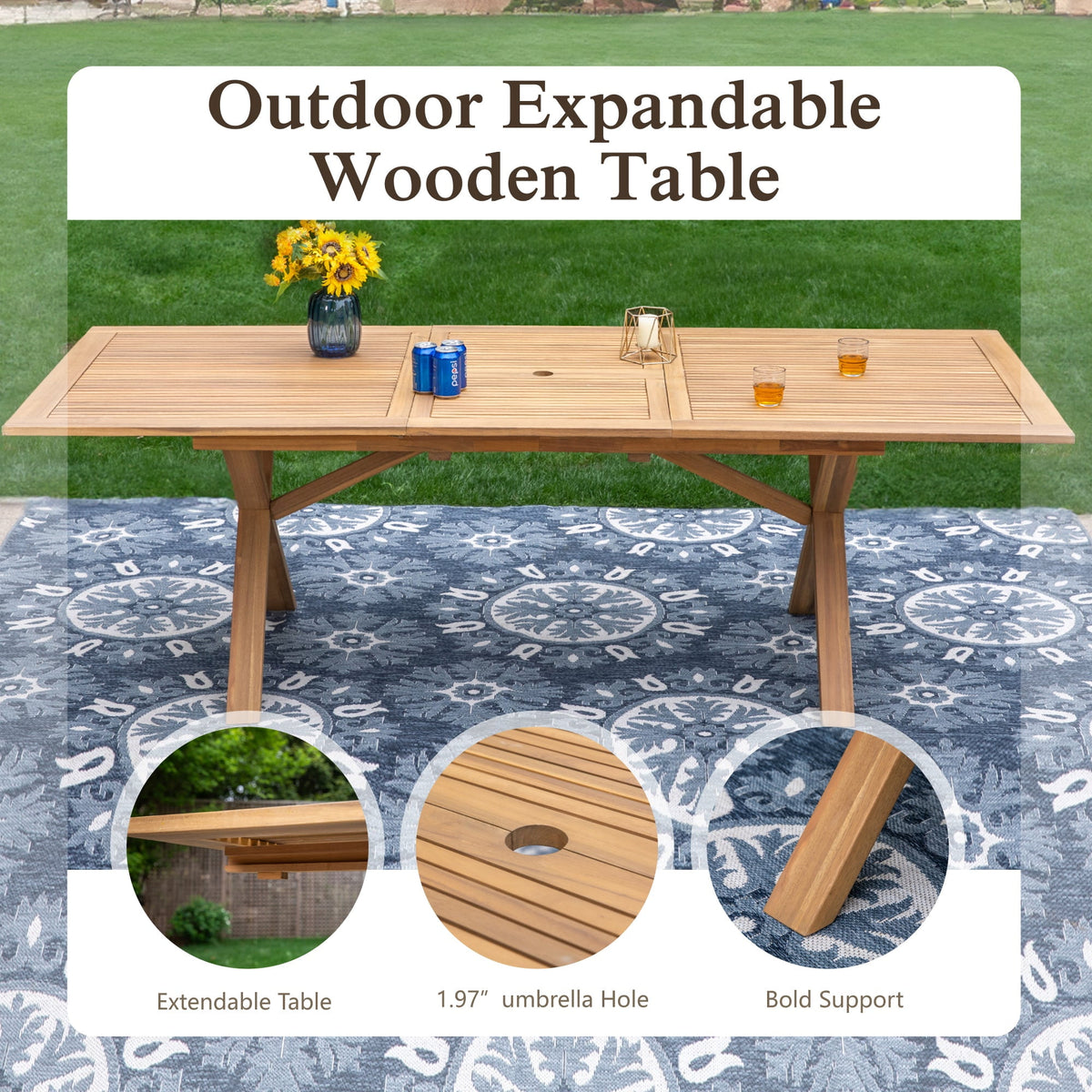 Sophia & William 7 Pieces Acacia Wood Outdoor Patio Dining Set Expandable Table and Patio Chairs Natural Wood for Lawn, Garden, Backyard