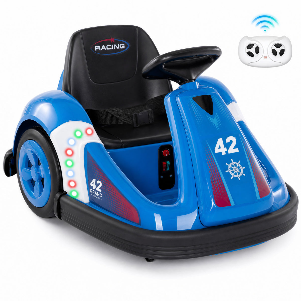 Alpha Joy Kids 12V Bumper Car with Steering Wheel & Remote Control, 3-Color LED Lights, 3 Speeds, Electric Ride-on Toys Car for 3-6 Years, Royal Blue