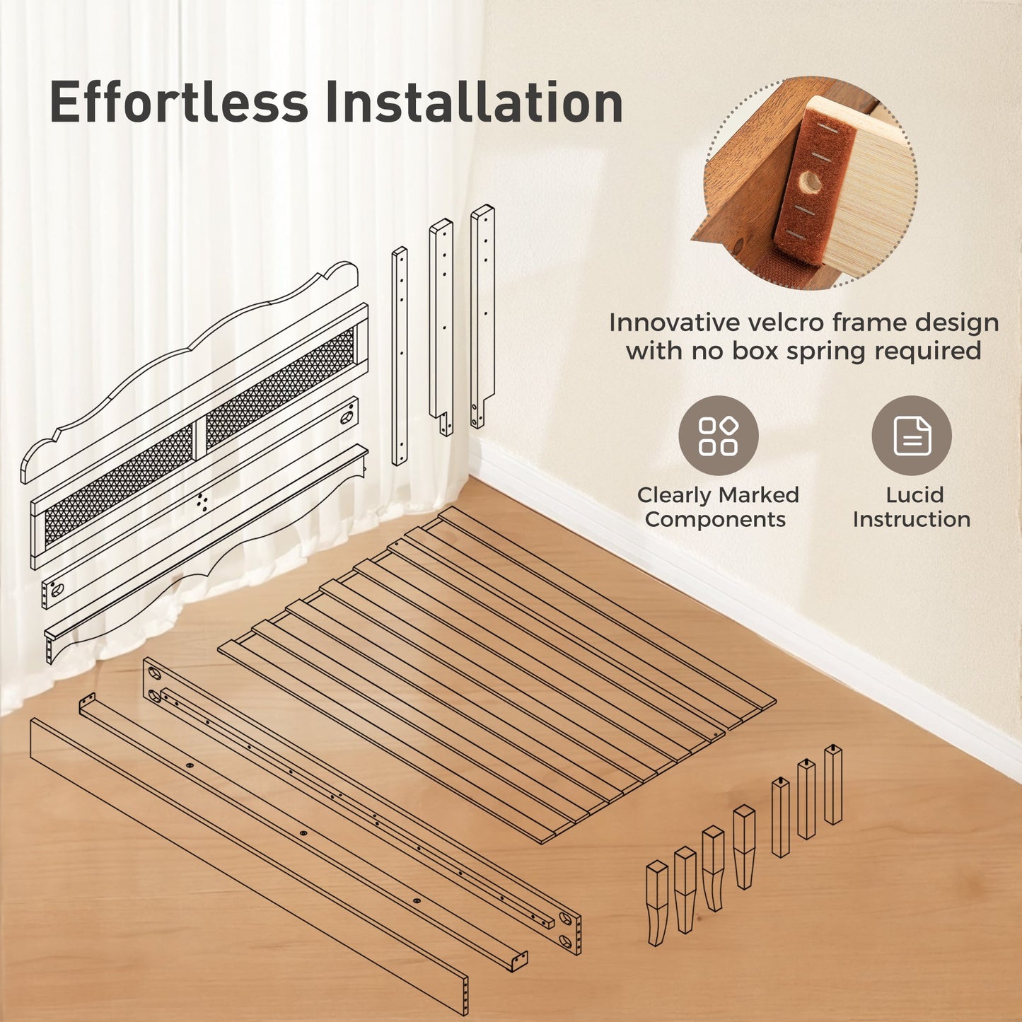 Sophia & William King Size Wood Platform Bed Frame with Wooven Rattan Headboard & Wooden Slats,No Box Spring Needed