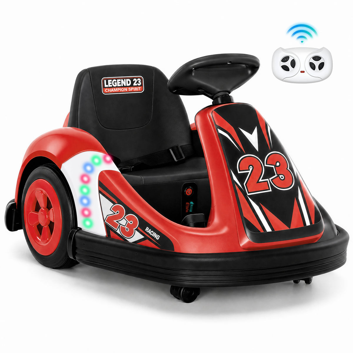 Alpha Joy Kids 12V Bumper Car with Steering Wheel & Remote Control, 3-Color LED Lights, 3 Speeds, Electric Ride-on Toys Car for 3-6 Years, Red