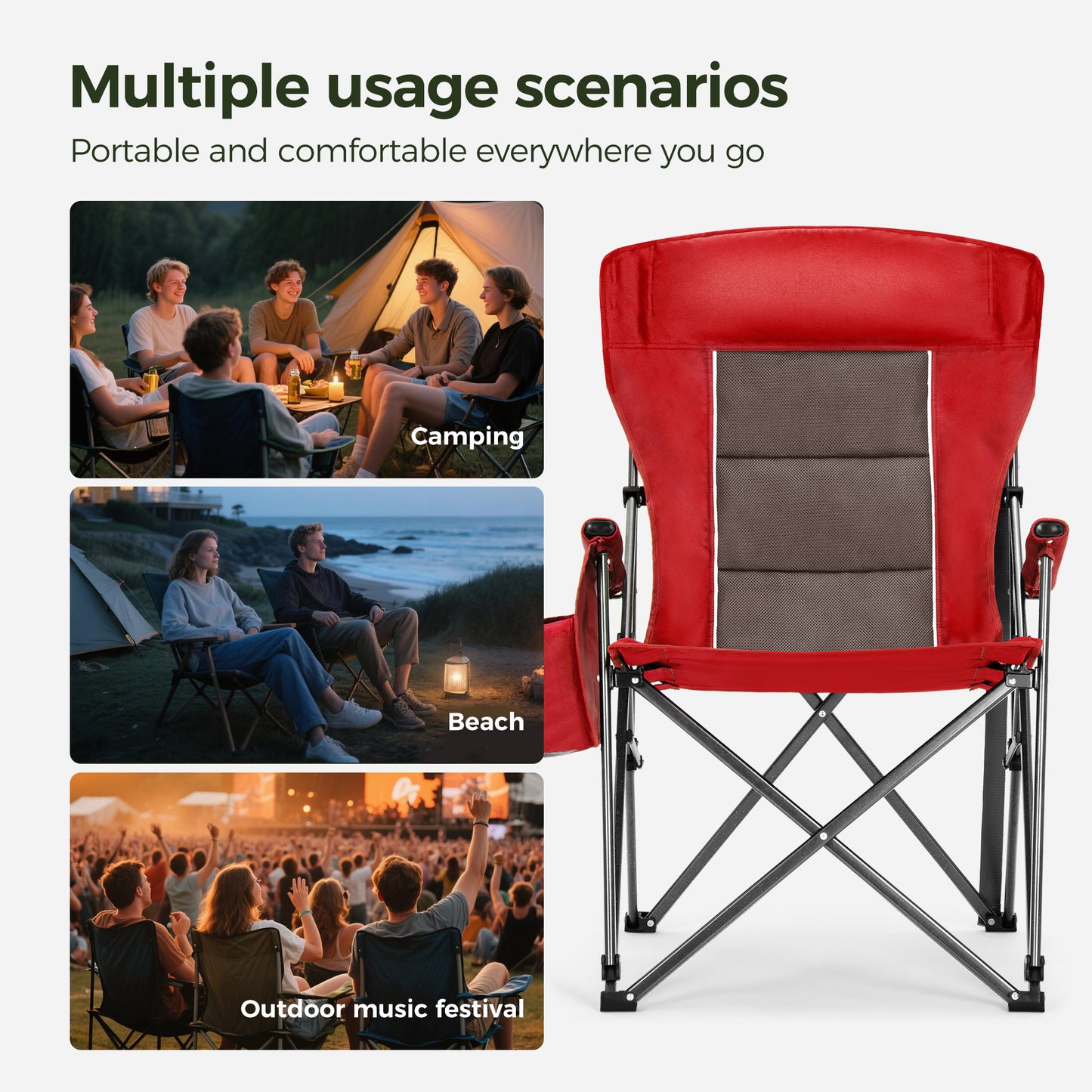 Sophia & William Oversized Camping Chair Heavy Duty High Back Camping Chairs 500lbs Capacity Folding Lawn Chairs with Cup Holder, Portable for Outdoor, Beach and Picnic, Red