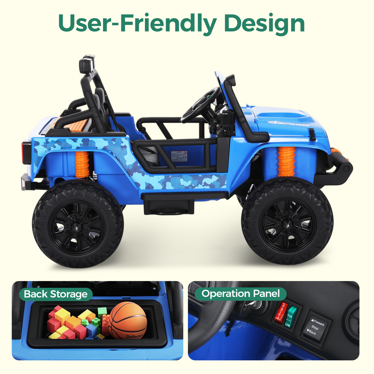 Alpha Joy 2-Seater Kids Ride on Truck 24V Electric Jeep Car with Remote Control Battery Powered Toy Car w/2 Speeds, LED Lights, Detachable Spotlights, Bluetooth Music, Blue