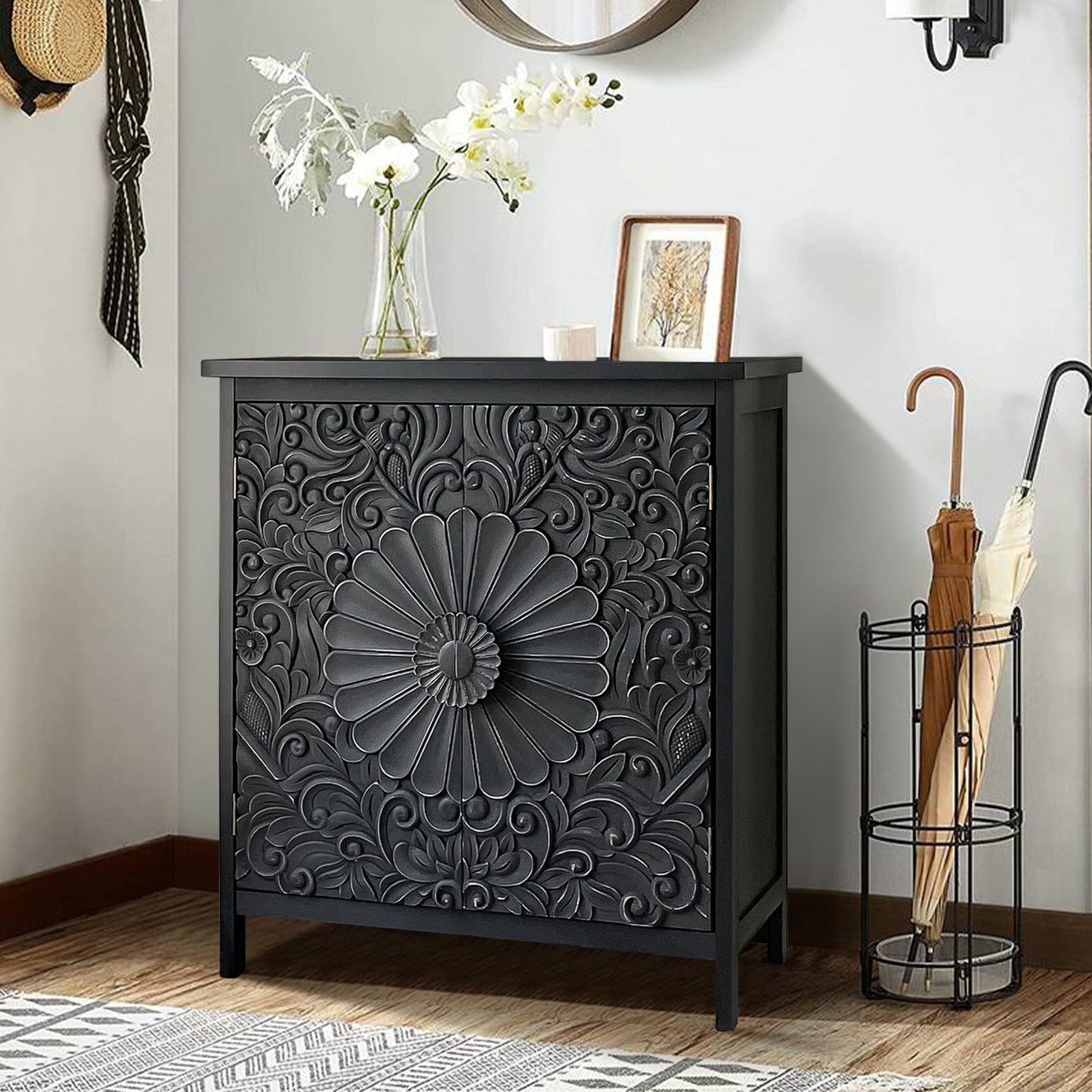 Alpha Joy Storage Cabinet with 2 Doors, Wood Accent Cabinet with Flower Pattern For Living Room, Dining Room, Black