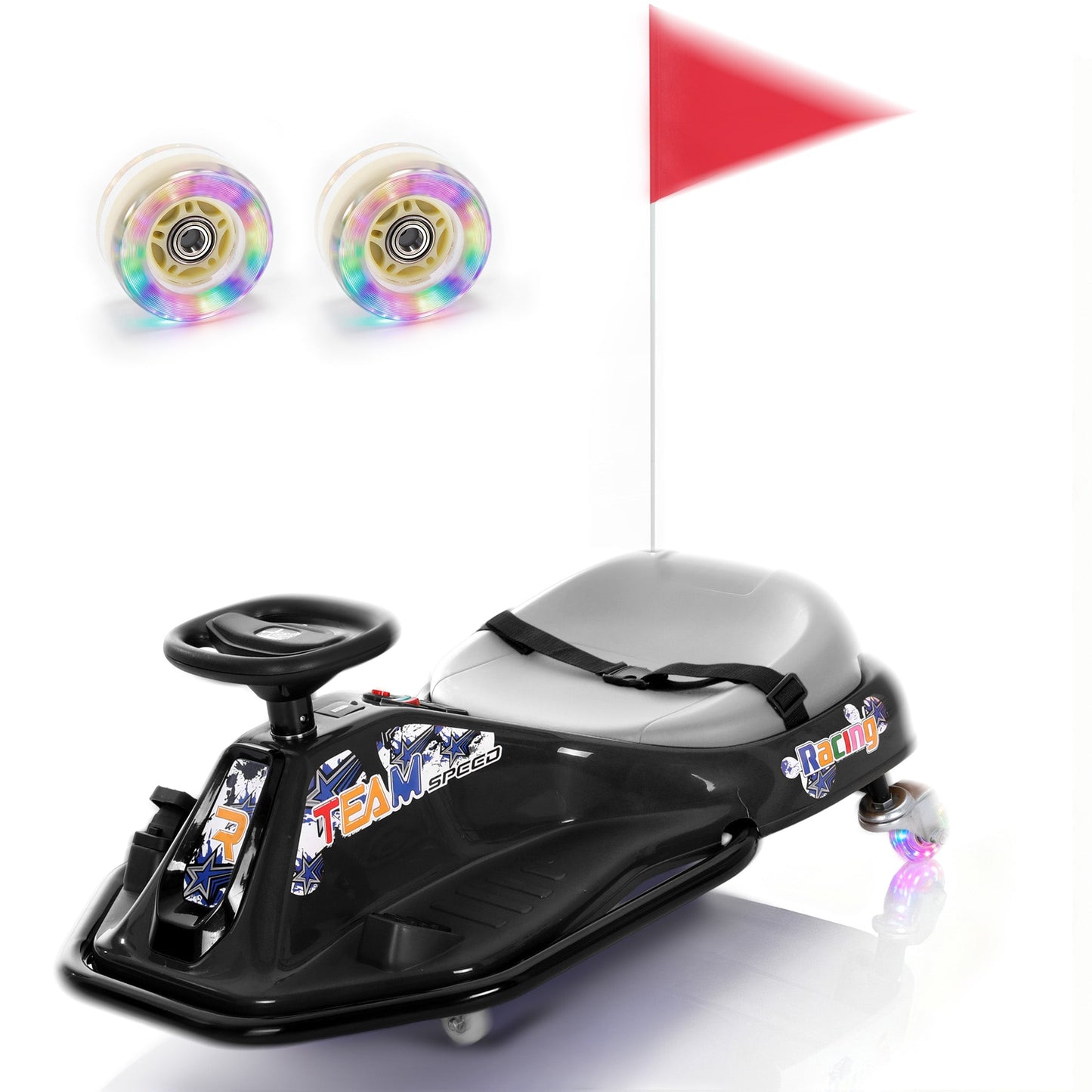 Alpha Joy Kids Crazy Drift Car 24V 180W Electric Drifting Go-Kart w/Rechargeable Battery, Colorful Light, Bluetooth Music & Safety Harness, Black