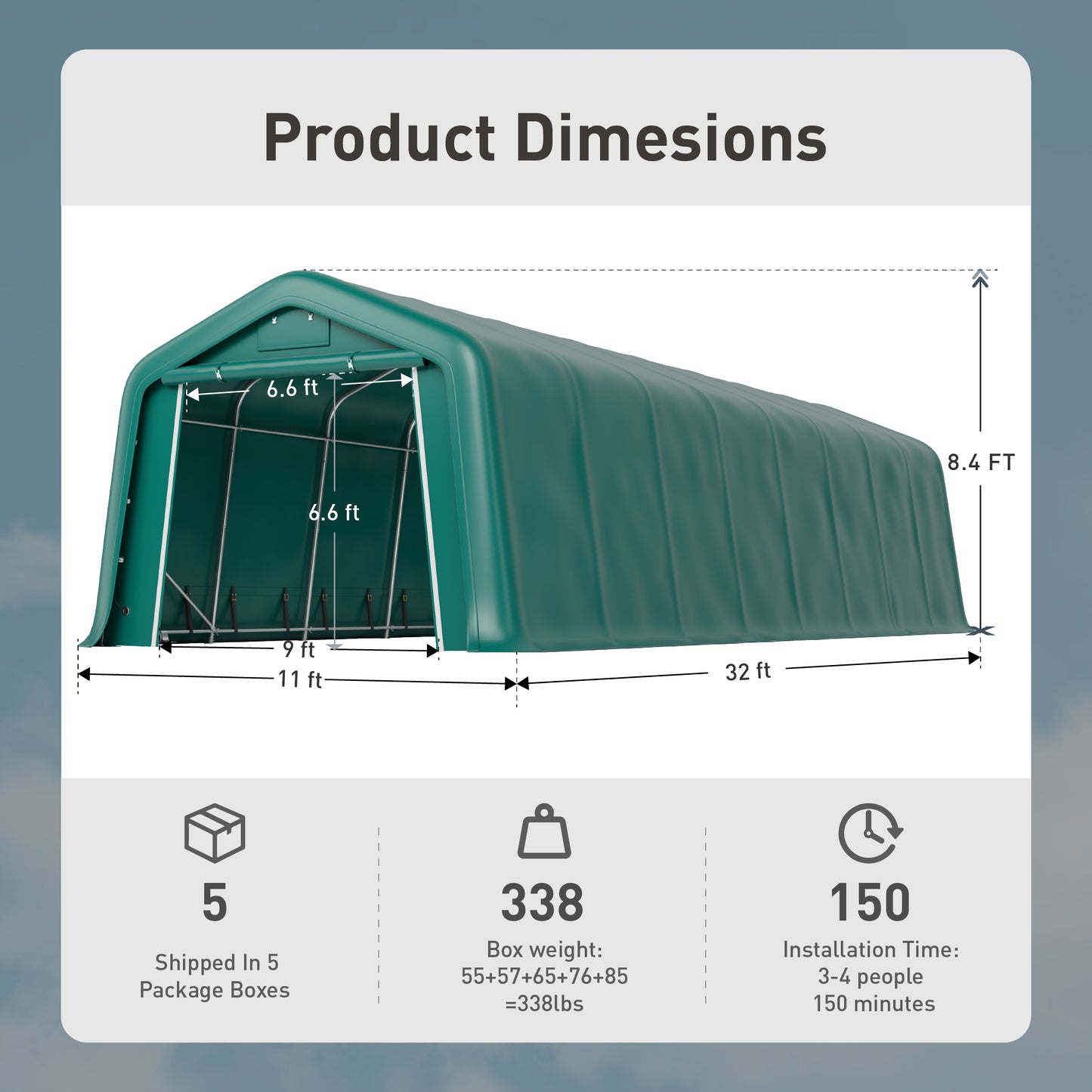 Alpha Joy Robust Pasture Shelter 11' x 32' Livestock Shelter Outdoor Storage Tent with Removable Side Walls