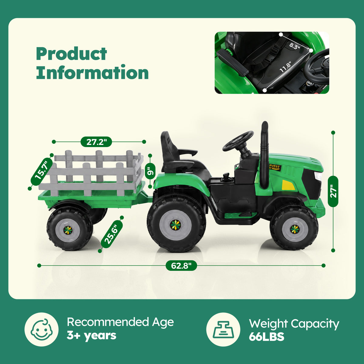 Alpha Joy 24V Powered Ride on Tractor with Detachable Trailer Electric Toy Car with Remote Control, Tippable Trailer, USB, Headlight, Bluetooth, 3 Speed Adjustable for Kids 3+, Green