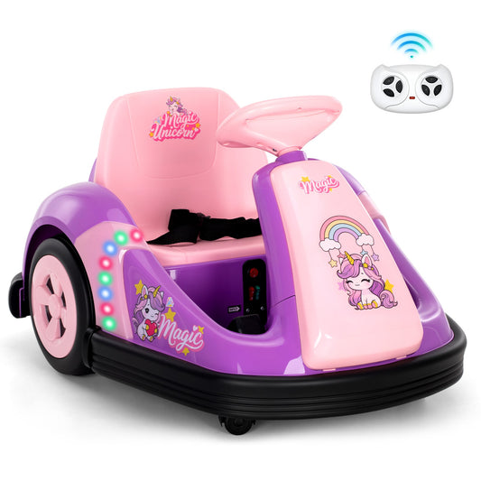 Alpha Joy Kids 12V Bumper Car with Steering Wheel & Remote Control, 3-Color LED Lights, 3 Speeds, Electric Ride-on Car for 3-6 Years, Pink