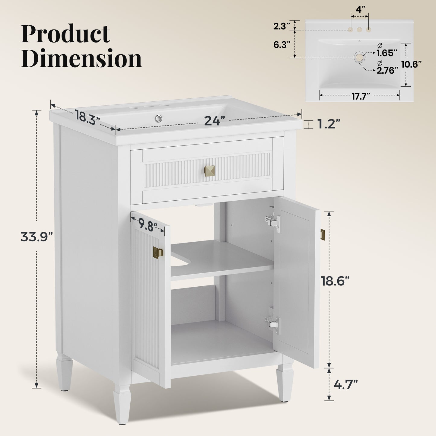 Sophia & William 24inch Bathroom Vanity with 5inch Deep Sink Freestanding Wood Bathroom Cabinet Vanity with 2 Doors & 3-Level Adjustable Shelf, White