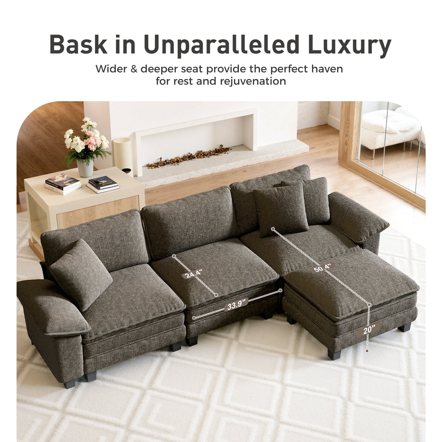 Sophia&William 3-Seat Convertible Sectional Sofa Couch, Modern Chenille Couch Cloud Sofa Modular with 3 Pillows for Living Room,Ash Gray