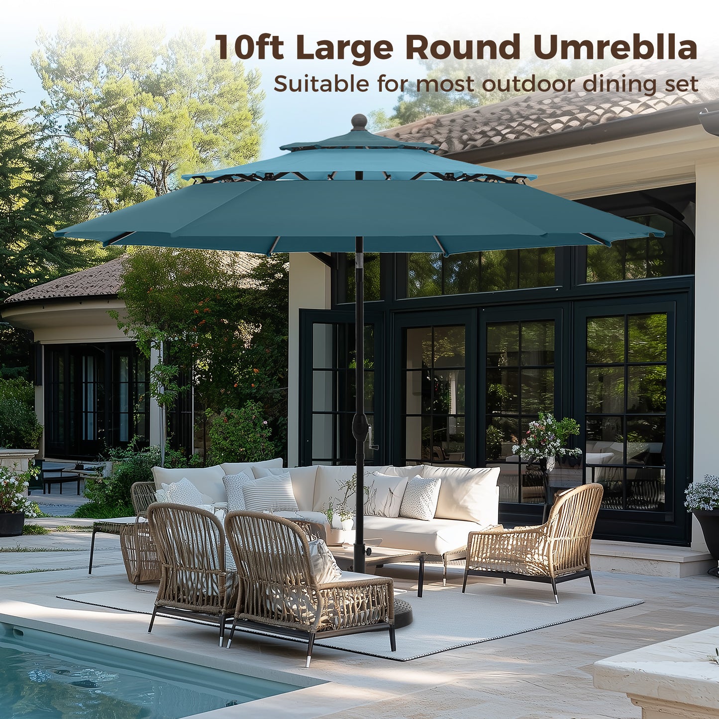 Alpha Joy 10ft 3 Tier Auto-Tilt Outdoor Patio Umbrella Beach Garden Double Vented Table Umbrella with Push Button and Crank, Peacock Blue & Cerulean
