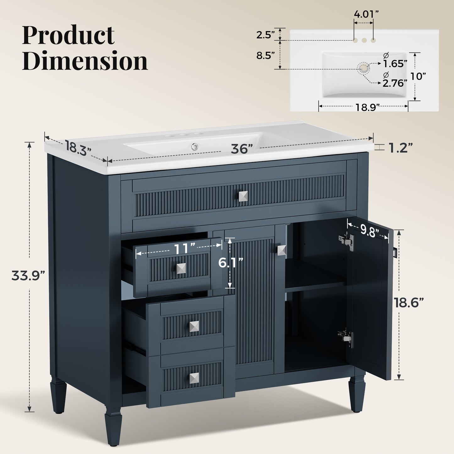Sophia & William 36inch Bathroom Vanity with 5inch Deep Sink Freestanding Wood Bathroom Cabinet Vanity with 2 Doors & 2 Drawers & Adjustable Shelf, Charcoal Blue